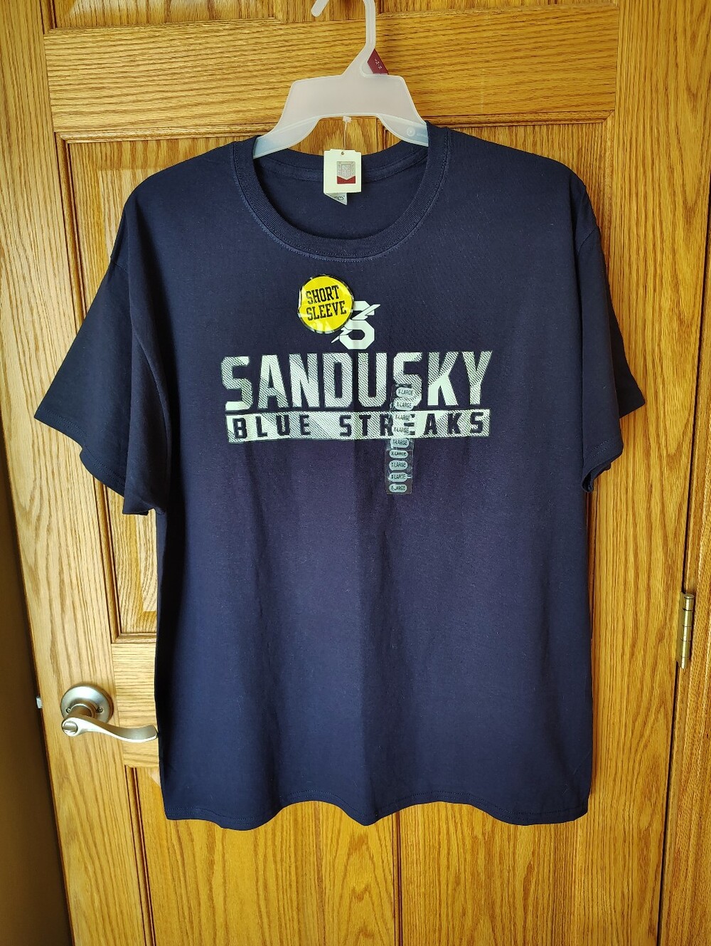 Hanes Navy Short Sleeve Graphic Tee with Yellow Accent. Sandusky Blue Streaks.